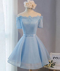 Simple Blue Lace Short Prom Dress, Bridesmaid Dress