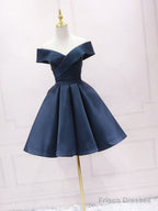 Simple Blue Off Shoulder Satin Short Prom Dress Blue Bridesmaid Dress
