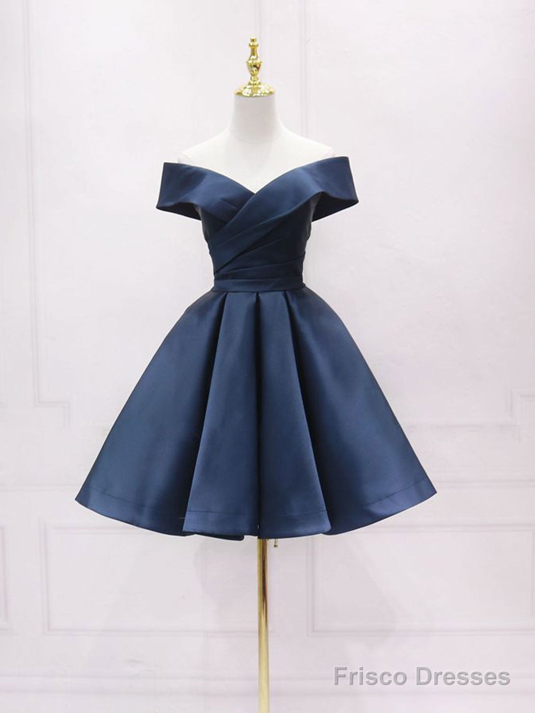 Simple Blue Off Shoulder Satin Short Prom Dress Blue Bridesmaid Dress Main image