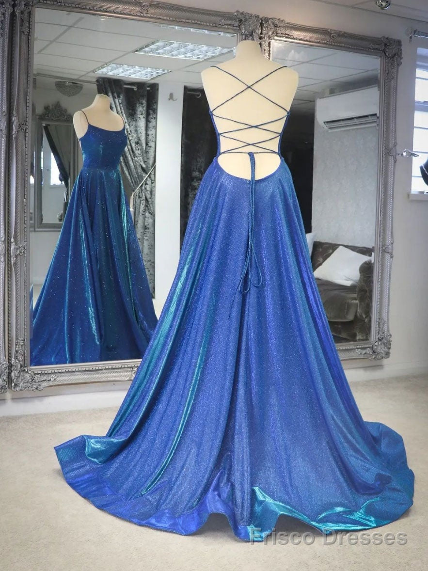 Simple blue satin long prom dress, blue backless long evening dress Main image