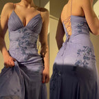 Simple Blue Spaghetti Straps Long Backless Prom Dress