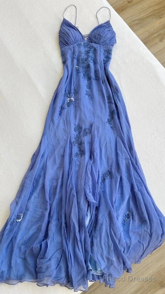 Simple Blue Spaghetti Straps Long Backless Prom Dress Main image