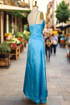 Simple Blue Spaghetti Straps Long Prom Dresses with Split