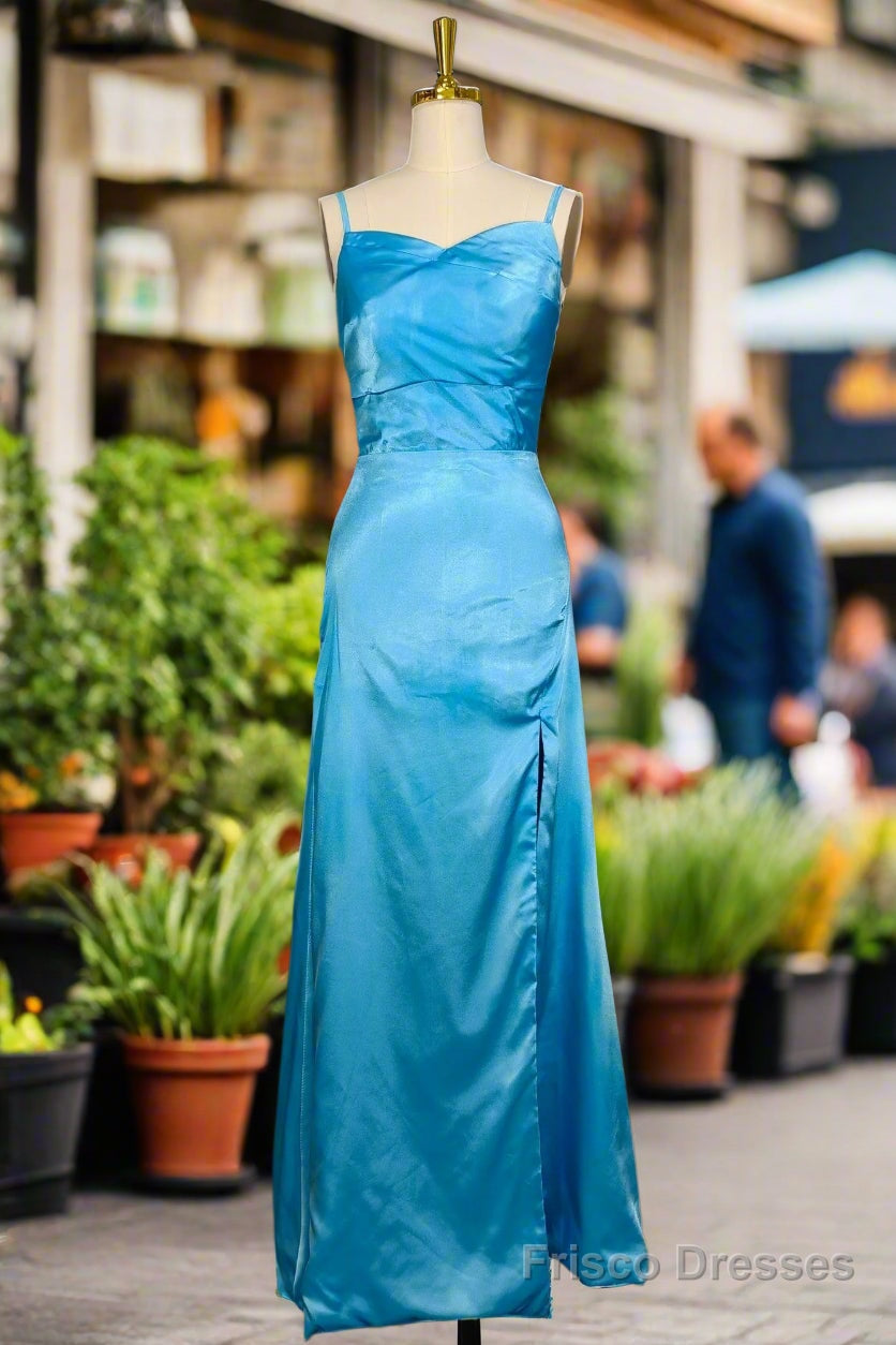 Simple Blue Spaghetti Straps Long Prom Dresses with Split Main image