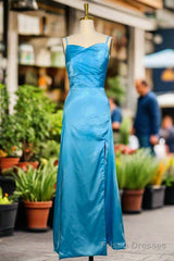 Simple Blue Spaghetti Straps Long Prom Dresses with Split