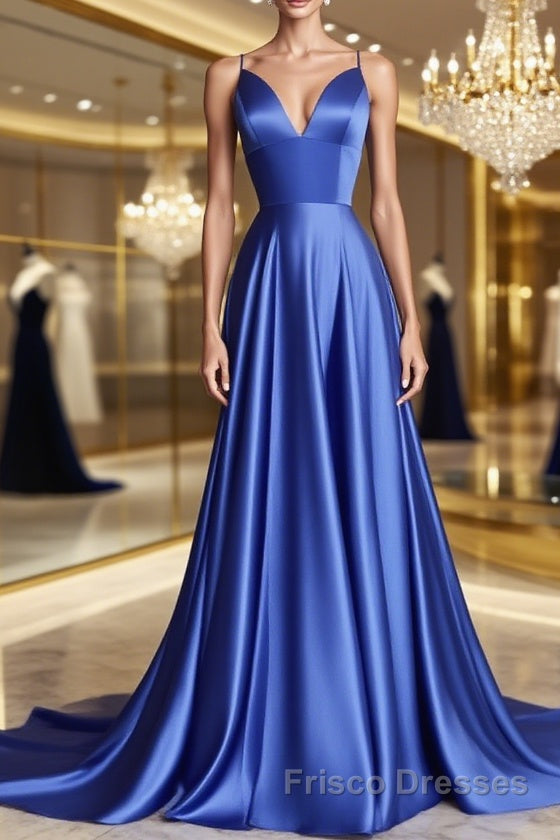 Simple blue v neck satin long Formal Prom Dresses blue evening Dresses Main image