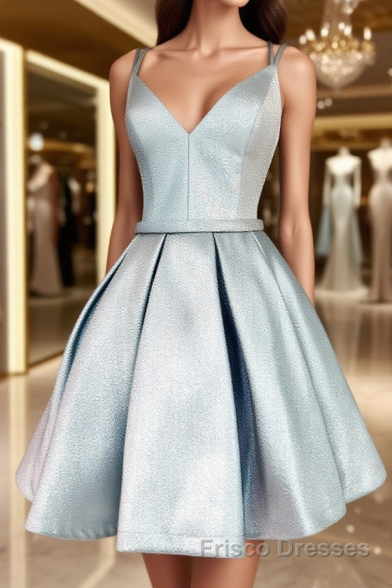 Simple blue v neck satin short Formal Prom Dresses, blue homecoming Dresses