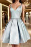 Simple blue v neck satin short Formal Prom Dresses, blue homecoming Dresses