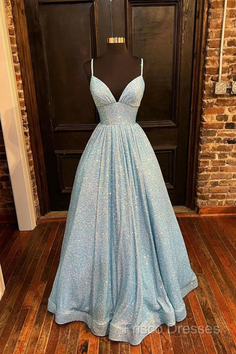 Simple Blue V Neck Sequin Long Formal Prom Dress,A Line Blue Formal Dress Secondary image