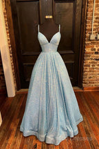 Simple Blue V Neck Sequin Long Formal Prom Dress,A Line Blue Formal Dress
