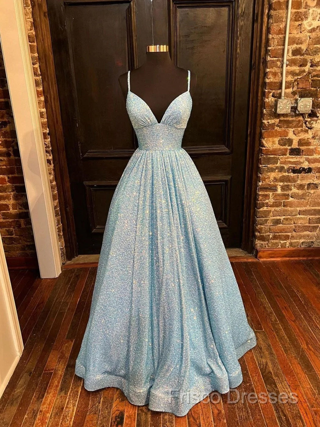 Simple Blue V Neck Sequin Long Formal Prom Dress,A Line Blue Formal Dress