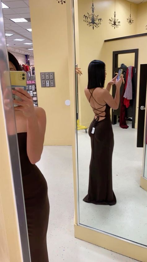 Simple Brown Mermaid Spaghetti Straps Long Evening Prom Dresses, Custom High Slit Prom Dresses Inspo For Women Main image
