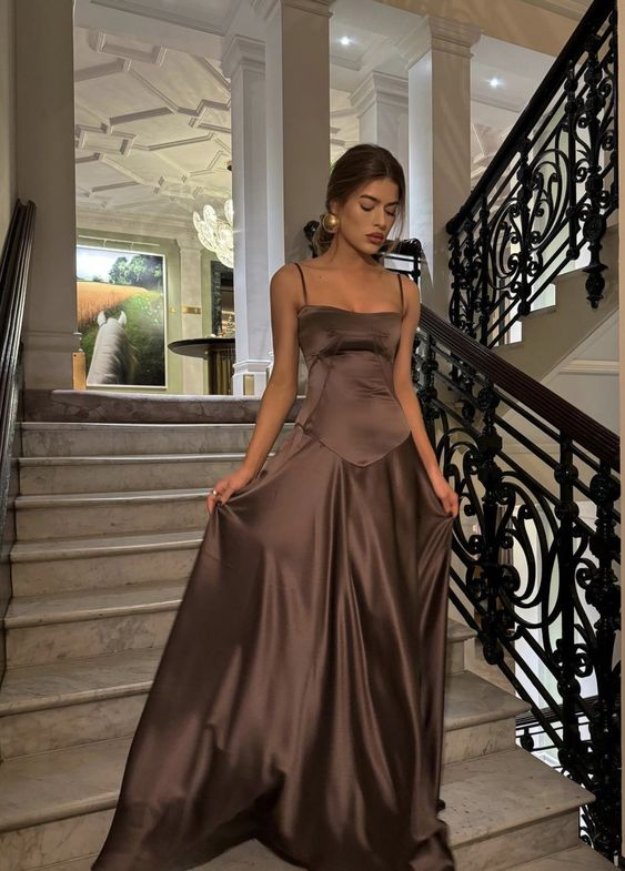 Simple Brown Spaghetti Straps A Line Prom Dress Party Dress Main image