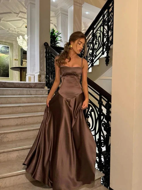 Simple Brown Spaghetti Straps A Line Prom Dress Party Dress