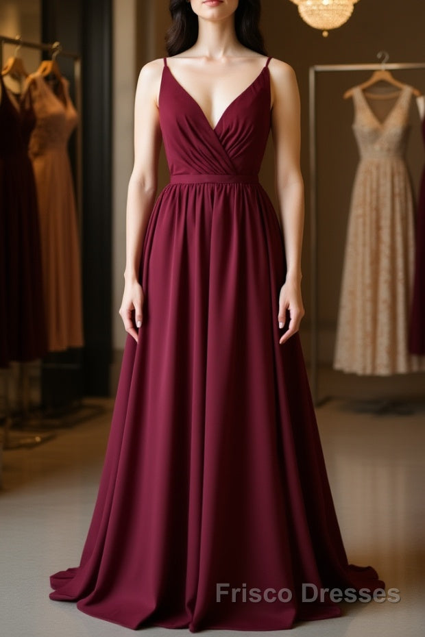 Simple burgundy chiffon lace long Formal Prom Dresses, burgundy evening Dresses Main image