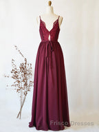 Simple burgundy chiffon lace long Formal Prom Dresses, burgundy evening Dresses