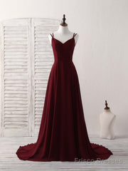Simple Burgundy Chiffon Long Prom Dress Backless Evening Dress
