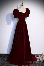 Simple Burgundy Long Velvet Prom Dress with Short Sleeves