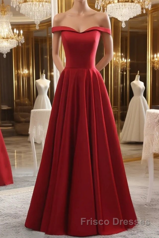 Simple burgundy off shoulder long Formal Prom Dresses, burgundy evening Dresses