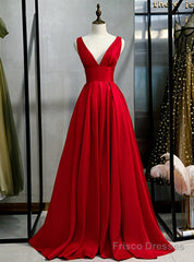 Simple Burgundy Satin Deep V-neck Backless Prom Dress