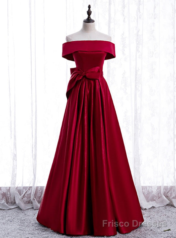 Simple Burgundy Satin Off the Shoulder Bow Prom Dresses Main image