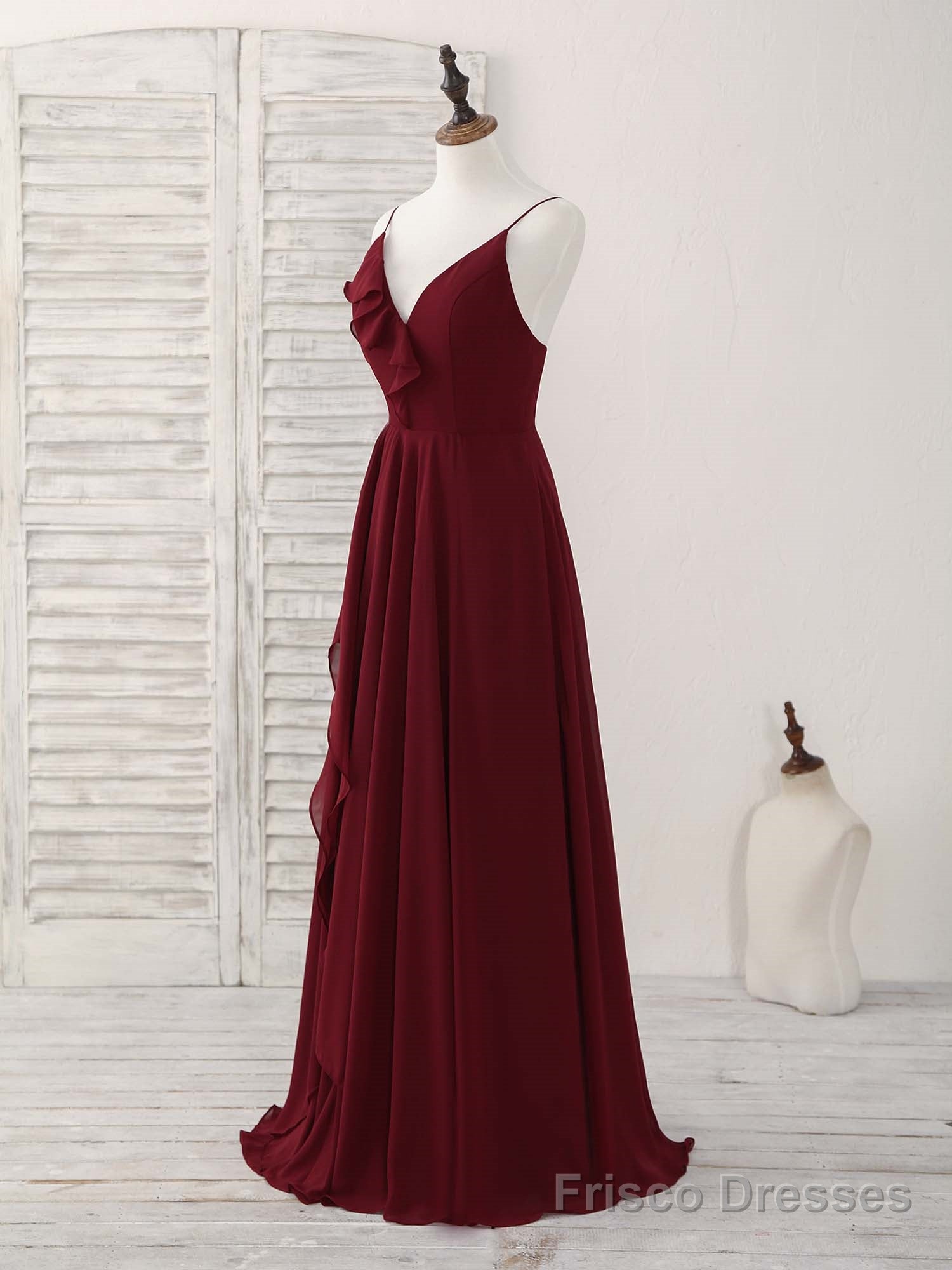 Simple Burgundy V Neck Chiffon Long Prom Dress, Bridesmaid Dress Main image