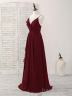 Simple Burgundy V Neck Chiffon Long Prom Dress, Bridesmaid Dress