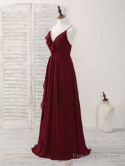Simple Burgundy V Neck Chiffon Long Prom Dress, Bridesmaid Dress