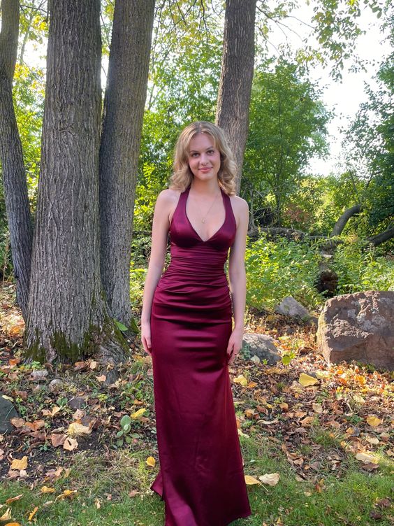 Simple Burgundy V Neck Long Party Dress Formal Prom Dress Secondary image