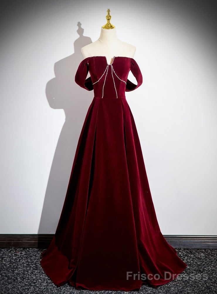Simple Burgundy Velvet Off the Shoulder Beading Prom Dress Main image