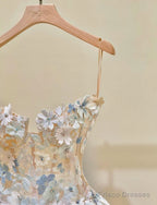 Simple Champagne A-Line Spaghetti Straps Tulle Applique Long Prom Dress Sweet Wedding Dress