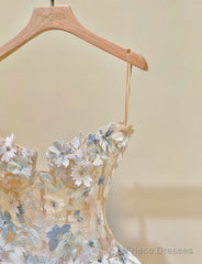 Simple Champagne A-Line Spaghetti Straps Tulle Applique Long Prom Dress Sweet Wedding Dress
