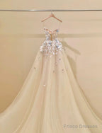 Simple Champagne A-Line Spaghetti Straps Tulle Applique Long Prom Dress Sweet Wedding Dress