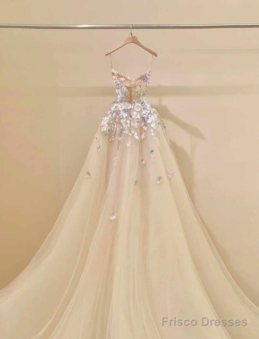 Simple Champagne A-Line Spaghetti Straps Tulle Applique Long Prom Dress Sweet Wedding Dress