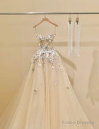 Simple Champagne A-Line Spaghetti Straps Tulle Applique Long Prom Dress Sweet Wedding Dress