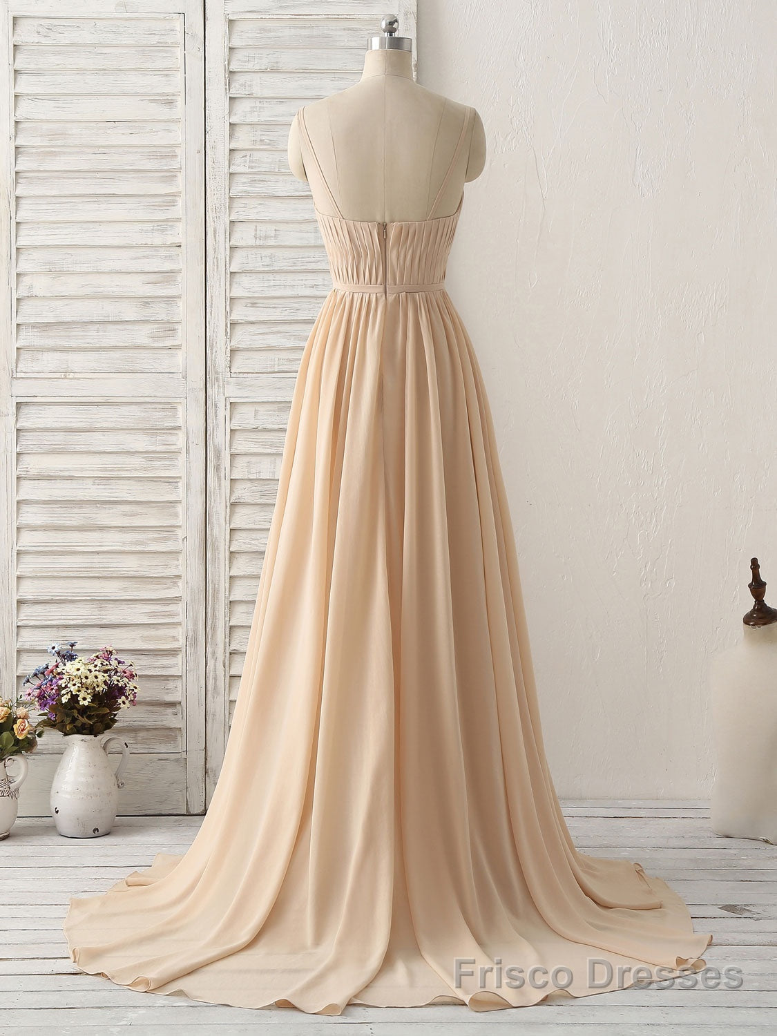 Simple Champagne Long Prom Dresses V Neck Chiffon Bridesmaid Dress