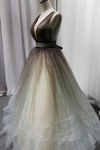 Simple Coffee tulle sequin long Formal Prom Dresses coffee evening Dresses