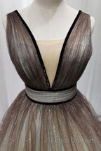Simple Coffee tulle sequin long Formal Prom Dresses coffee evening Dresses