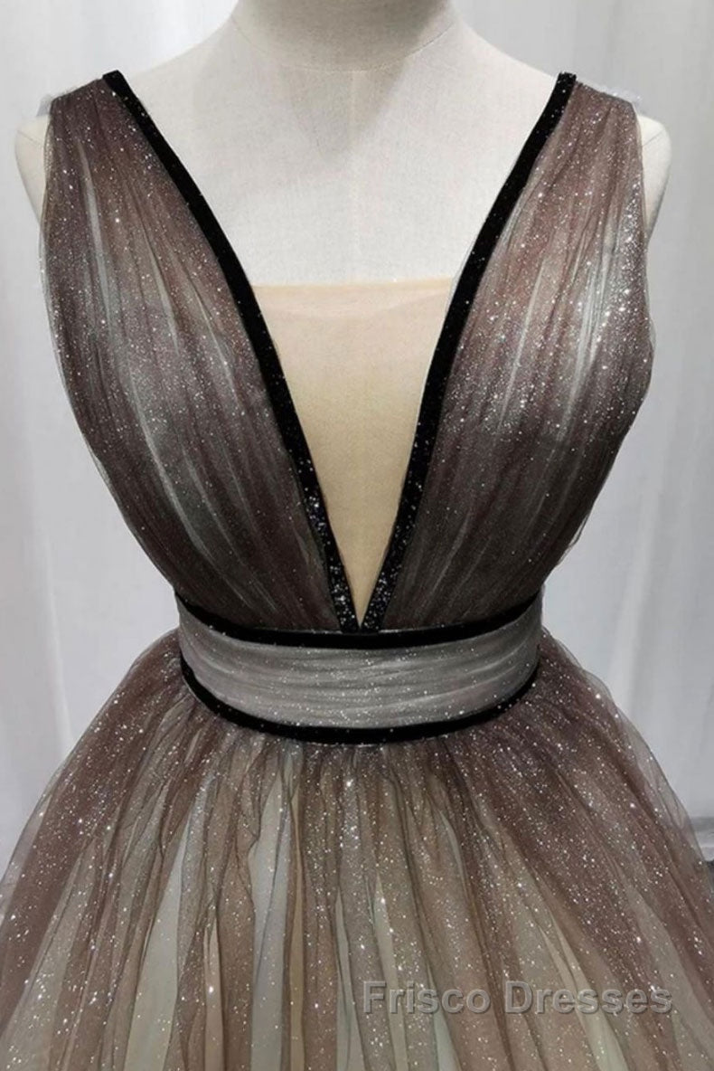 Simple Coffee tulle sequin long Formal Prom Dresses coffee evening Dresses