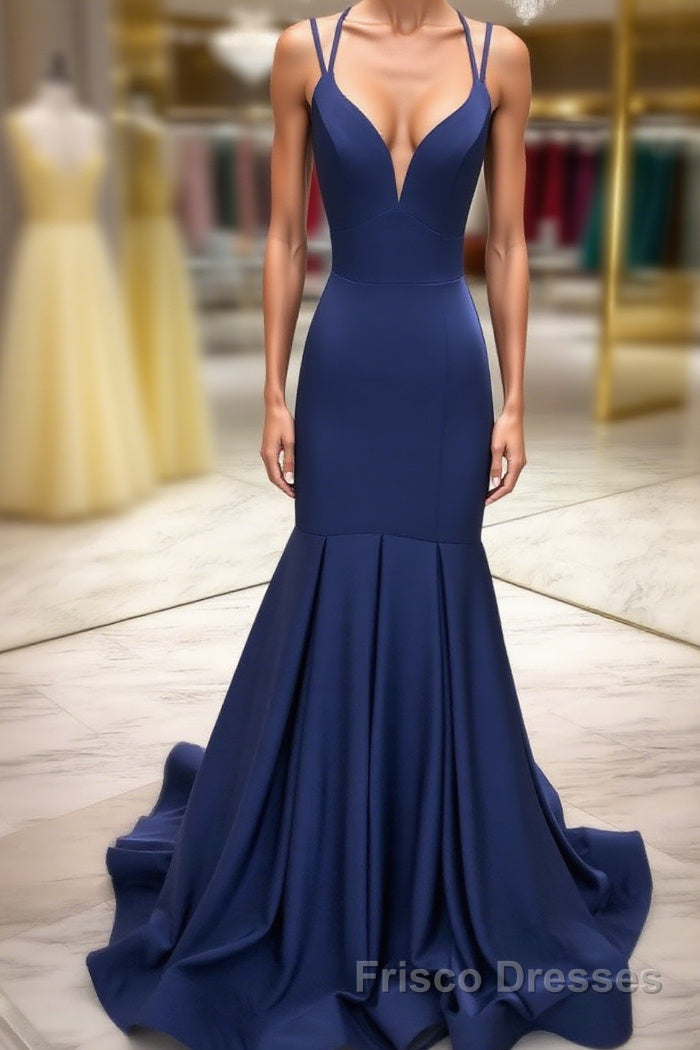 Simple dark blue satin long Formal Prom Dresses blue evening Dresses Main image