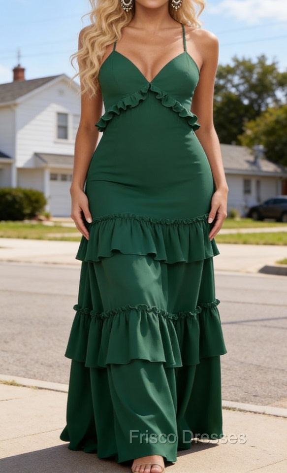 Simple Dark Green Prom Dress A-Line V-Neck Sleeveless Prom Dress Spaghetti Straps Main image
