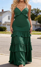 Simple Dark Green Prom Dress A-Line V-Neck Sleeveless Prom Dress Spaghetti Straps