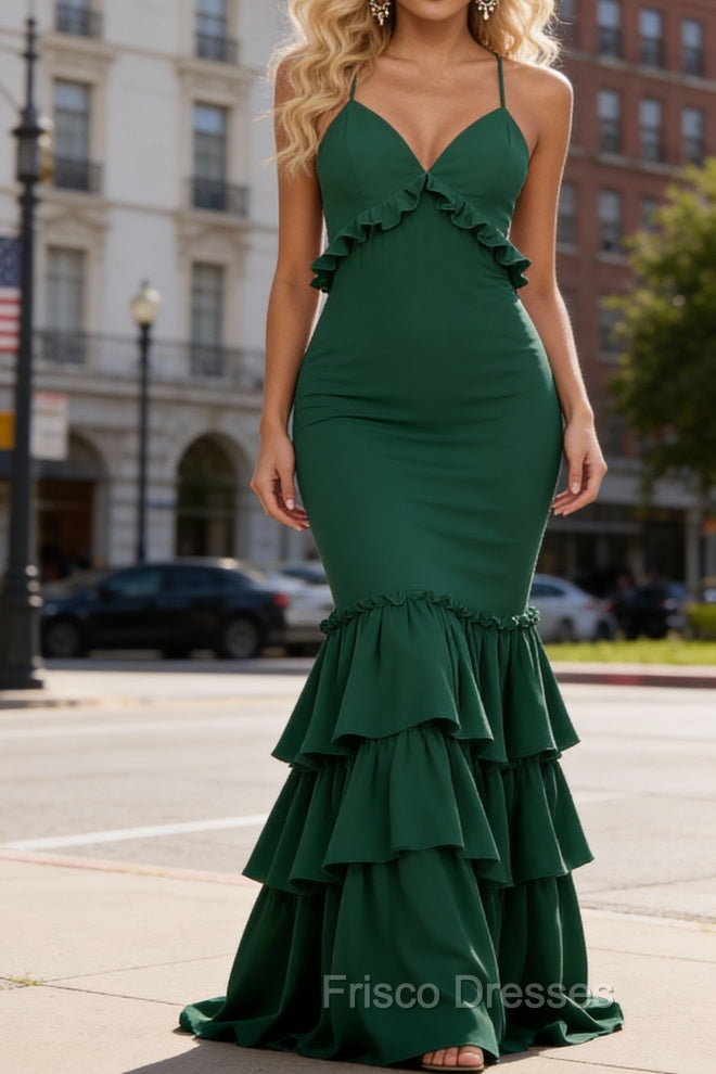 Simple Dark Green Prom Dress A-Line V-Neck Sleeveless Prom Dresses Spaghetti Straps Main image
