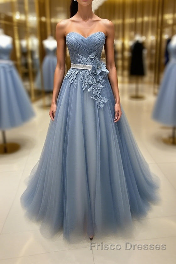 Simple gray blue tulle lace applique long Formal Prom Dresses, tulle evening Dresses