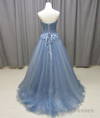 Simple gray blue tulle lace applique long Formal Prom Dresses, tulle evening Dresses