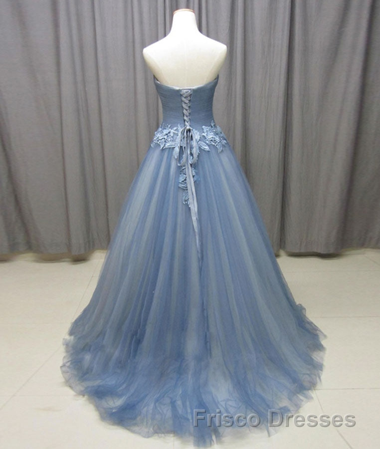 Simple gray blue tulle lace applique long Formal Prom Dresses, tulle evening Dresses