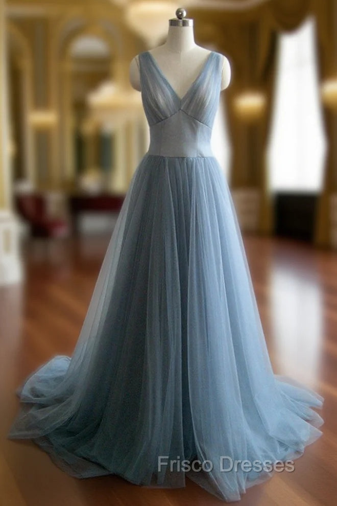 Simple gray blue tulle long Formal Prom Dress, evening Dress Main image