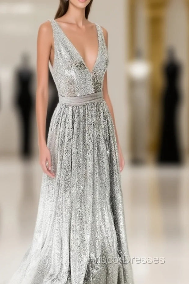 Simple Gray V Neck Sequin Long Formal Prom Dress Gray Formal Dress Main image