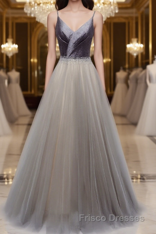 Simple gray v neck tulle long Formal Prom Dresses, gray tulle formal Dresses Main image