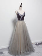 Simple gray v neck tulle long Formal Prom Dresses, gray tulle formal Dresses
